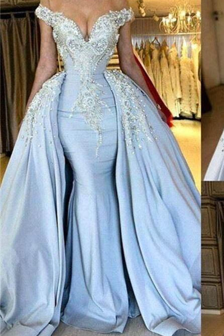 Blue Off-the-Shoulder V-neck Mermaid Beading Appliques Prom Dresses With Overskirt-showprettydress
