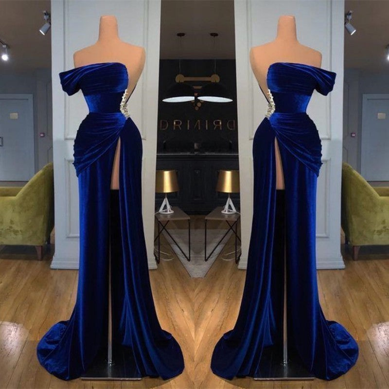 Blue Off-the-Shoulder Velvet Prom Dress Mermaid Long With Split-showprettydress