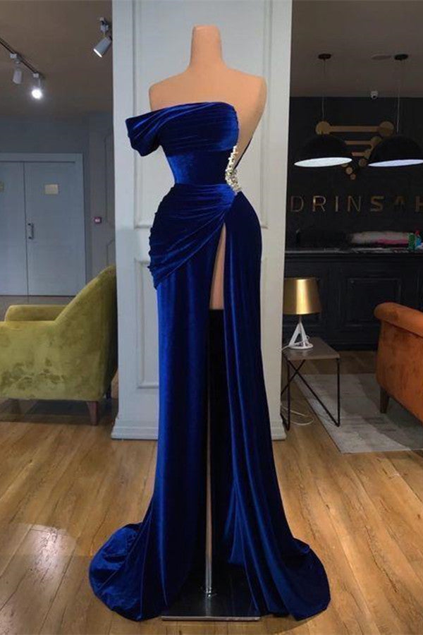 Blue Off-the-Shoulder Velvet Prom Dress Mermaid Long With Split-showprettydress