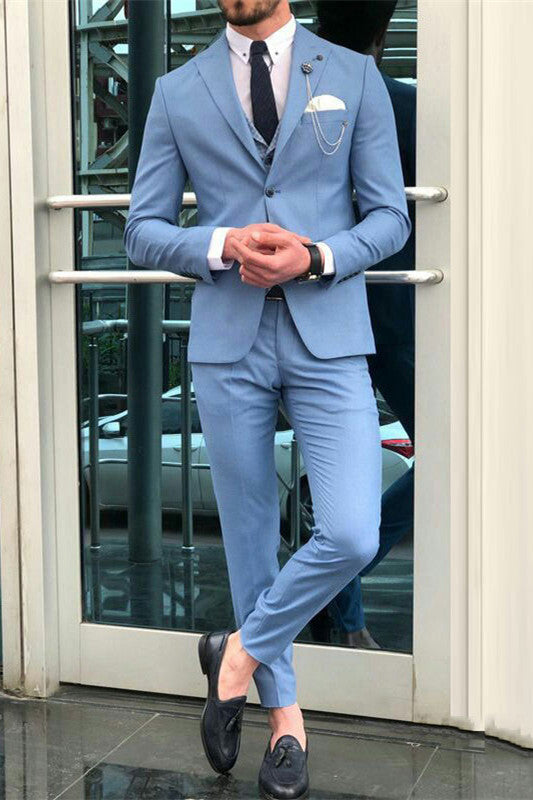 Blue Peaked Lapel Slim Fit Designer Men Suits-showprettydress