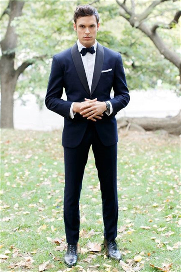Blue Shawl Lapel Bespoke Wedding Tuxedo Two Pieces Slim Fit Men Suits Online-showprettydress