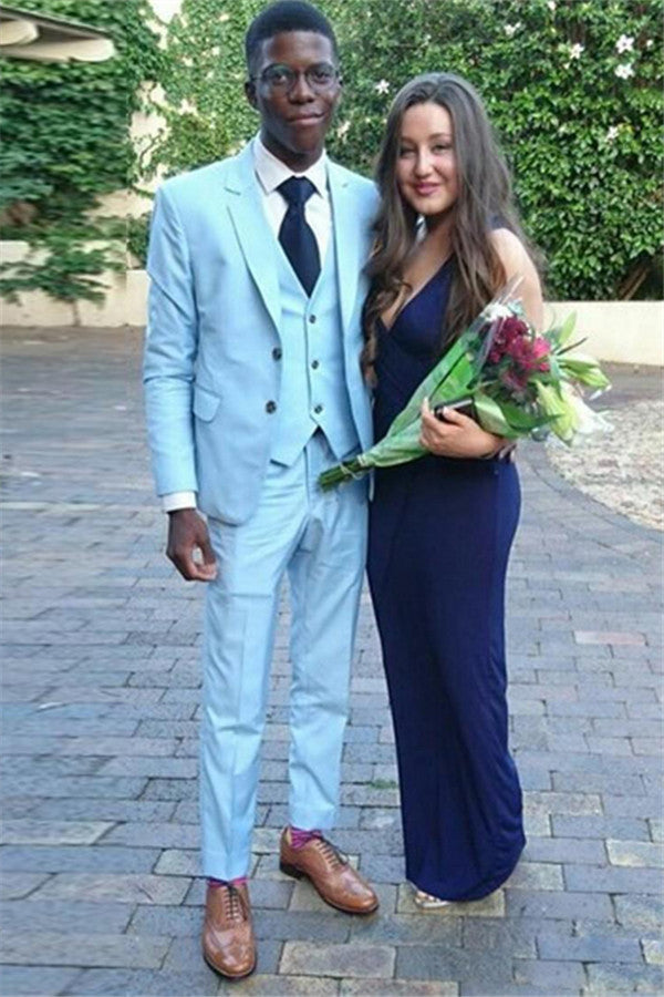 Blue Slim Fit Men's Suit Three-Piece Prom Outfits Bespoke Suits-showprettydress