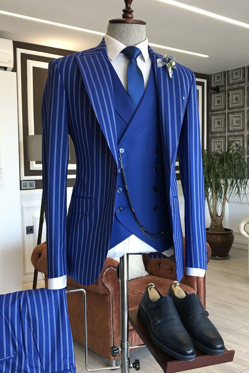 Blue Striped 3-pieces Peaked Lapel Formal Men Suits-showprettydress