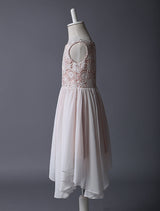 Blush Pink Flower Girl Boho Dress Tea Length Lace Chiffon Irregular Design Kids Party Dresses-showprettydress
