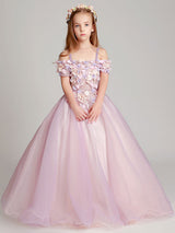 Blush Pink Off The Shoulder Applique Back Illusion Floor Length Kids Pageant flower girl dresses-showprettydress
