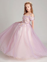 Blush Pink Off The Shoulder Applique Back Illusion Floor Length Kids Pageant flower girl dresses-showprettydress