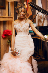 Blushing Pink Tulle Pearls Sweetheart Side Slit Ruffles Prom Dress-showprettydress