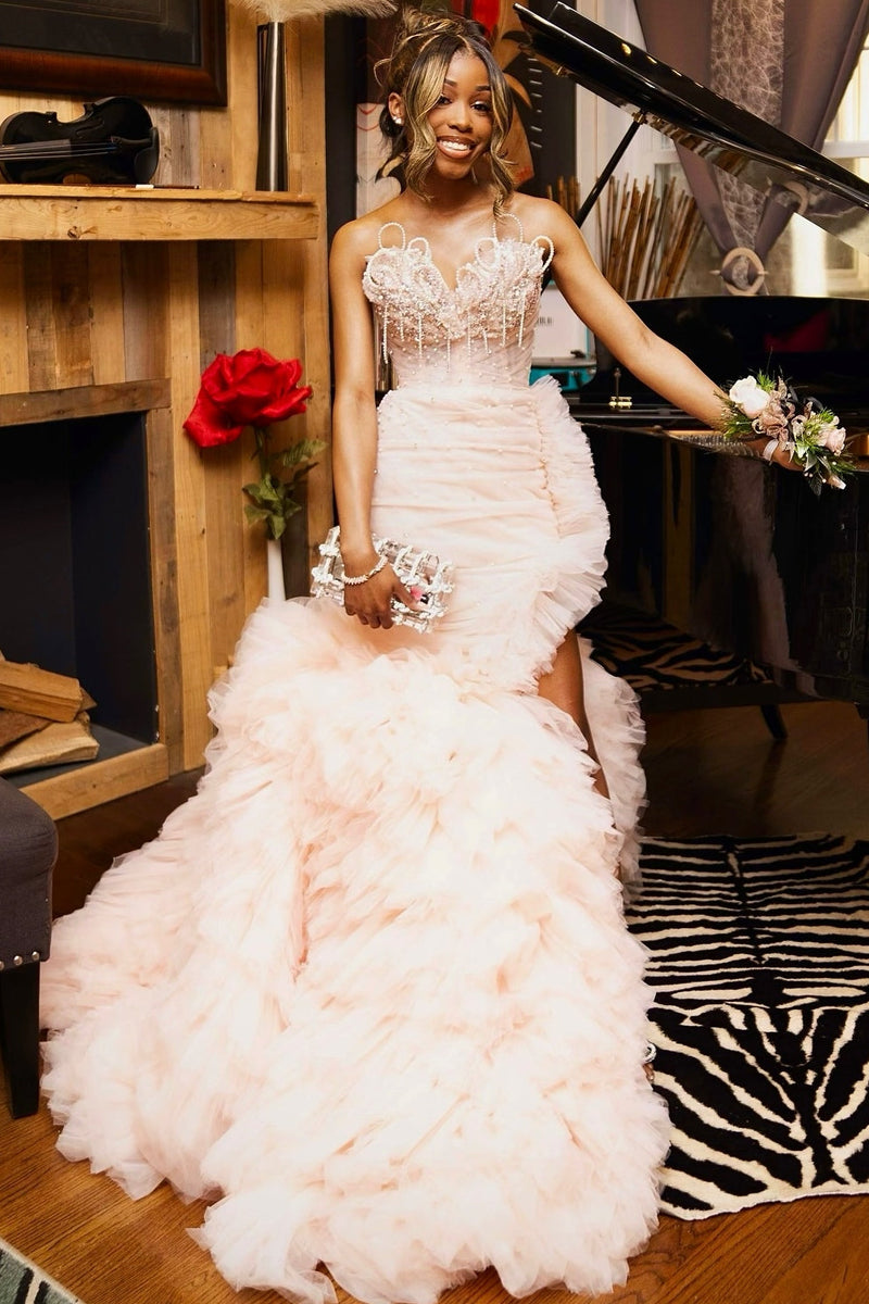 Blushing Pink Tulle Pearls Sweetheart Side Slit Ruffles Prom Dress-showprettydress
