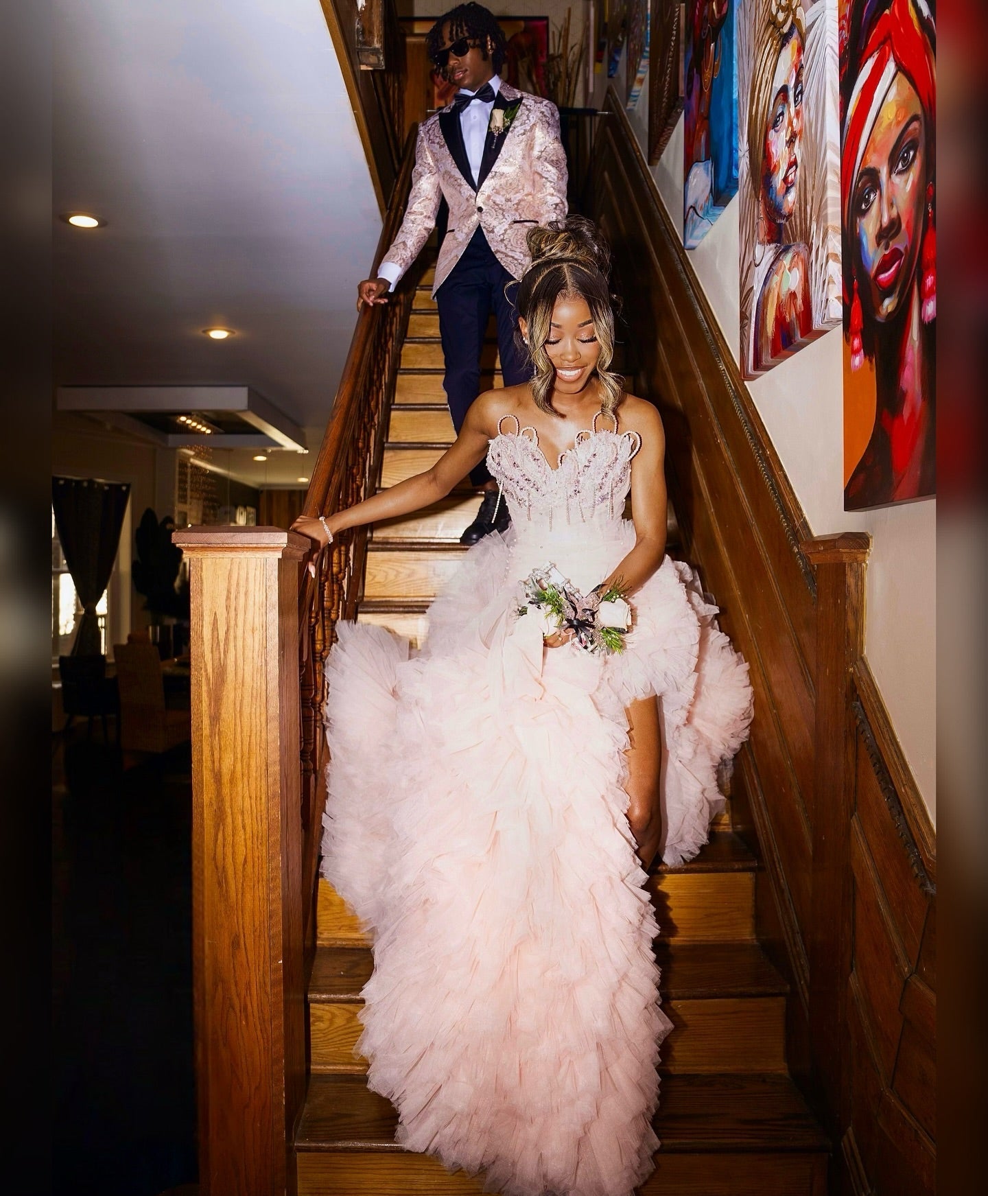 Blushing Pink Tulle Pearls Sweetheart Side Slit Ruffles Prom Dress-showprettydress