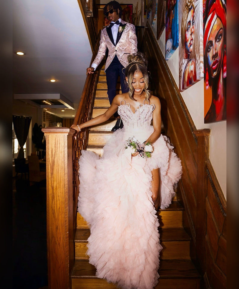 Blushing Pink Tulle Pearls Sweetheart Side Slit Ruffles Prom Dress-showprettydress
