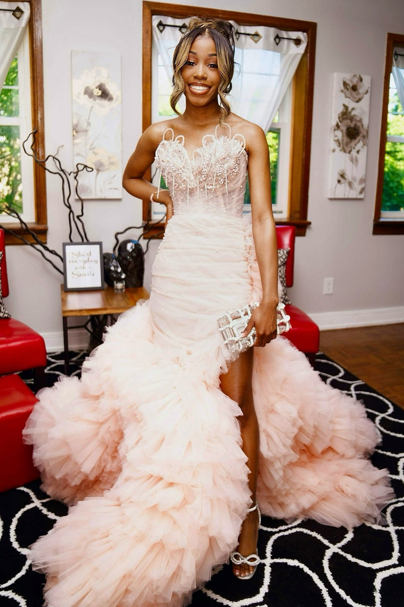 Blushing Pink Tulle Pearls Sweetheart Side Slit Ruffles Prom Dress-showprettydress