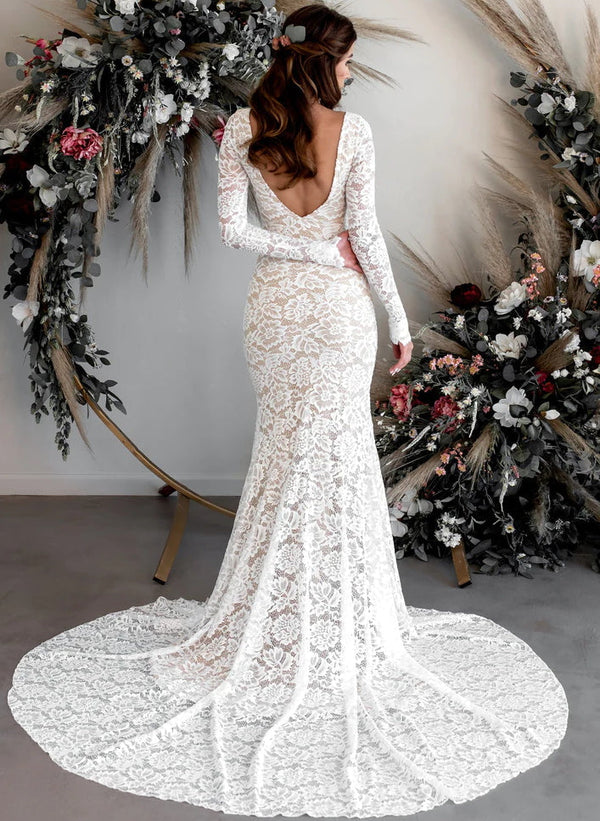 Boho Garden Lace Trumpet Mermaid Fitted Long Sleeves Wedding Dresses Court Train-Showprettydress