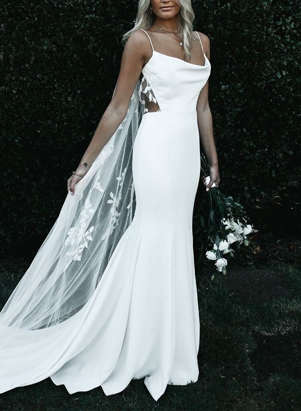 Boho Garden Summer Beach Cowl Neck Sleeveless Court Train Lace Wedding Dresses-Showprettydress