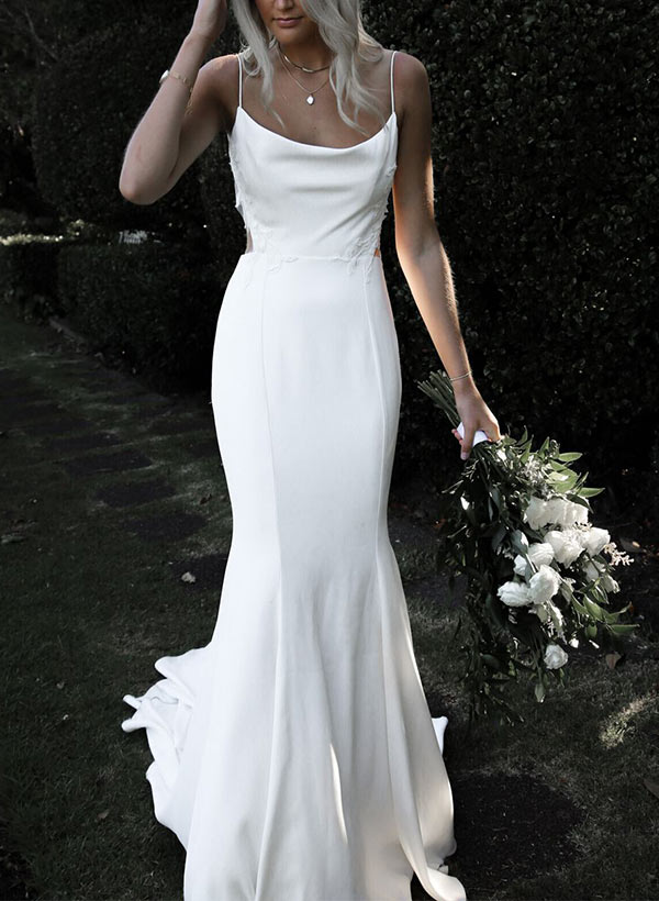 Boho Garden Summer Beach Cowl Neck Sleeveless Court Train Lace Wedding Dresses-Showprettydress