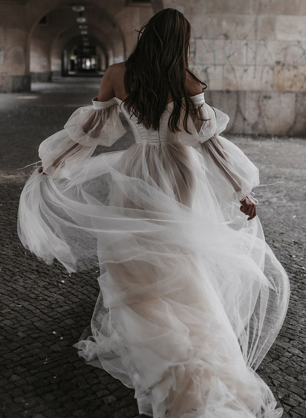 Boho Garden Tulle Off The Shoulder Long Sleeves A Line Wedding Dresses-Showprettydress