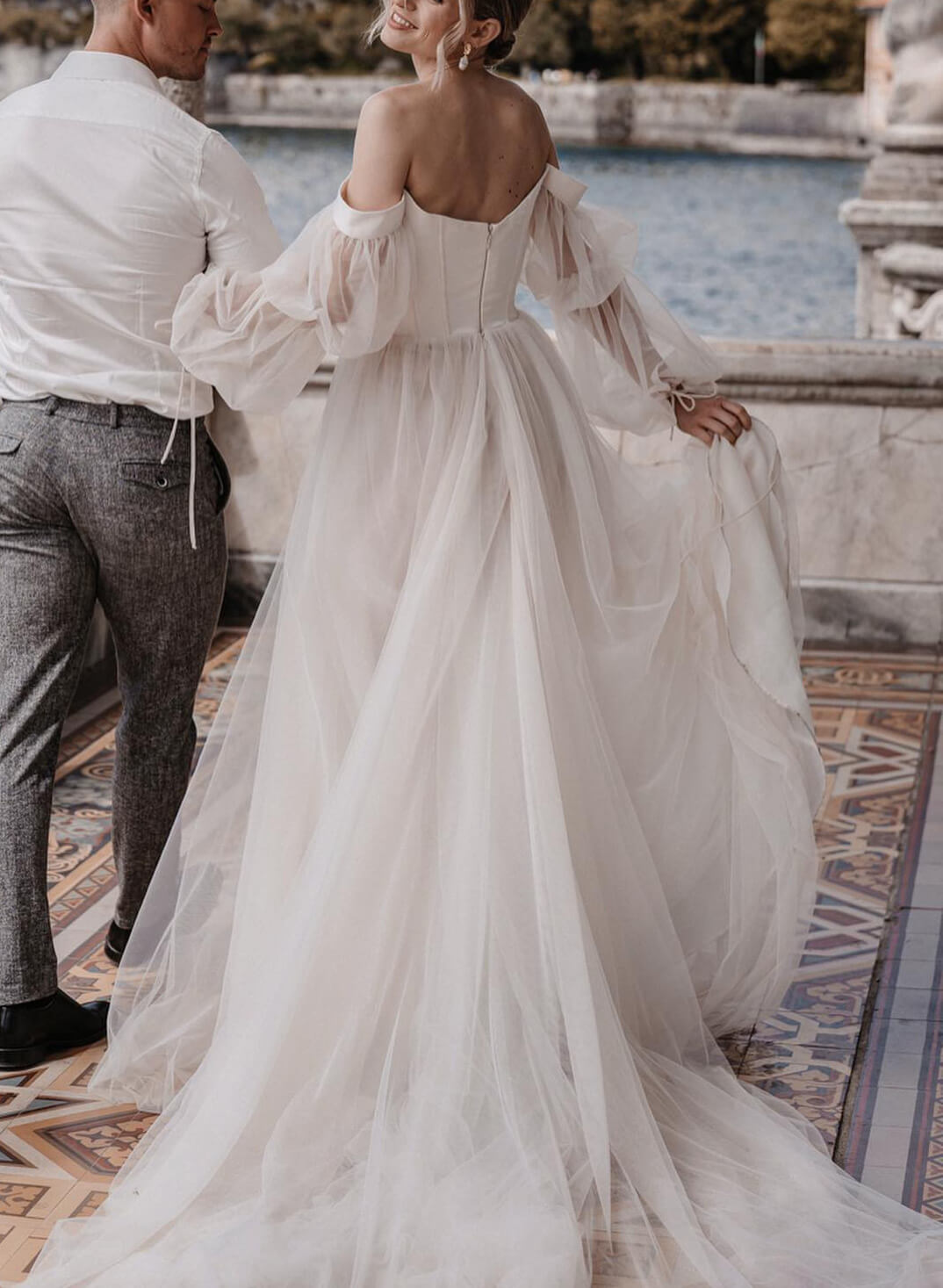 Boho Garden Tulle Off The Shoulder Long Sleeves A Line Wedding Dresses-Showprettydress