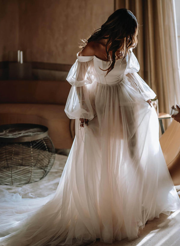 Boho Garden Tulle Off The Shoulder Long Sleeves A Line Wedding Dresses-Showprettydress