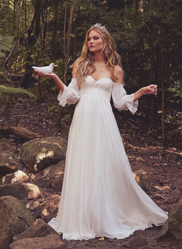 Boho Garden Wedding Dresses Off-the-Shoulder Long Sleeves Chiffon Sweep Train-Showprettydress