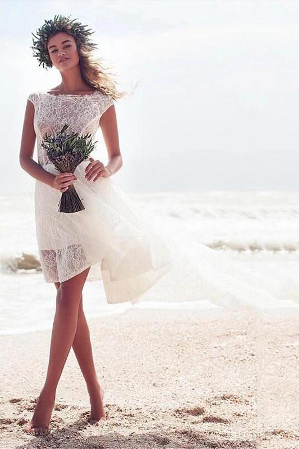 Boho High Low A-line Bateau Lace Beach Wedding Dress-showprettydress