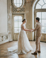 Boho Long A-line Tulle Wedding Dress with Lace Appliques-showprettydress