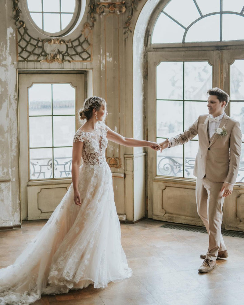 Boho Long A-line Tulle Wedding Dress with Lace Appliques-showprettydress