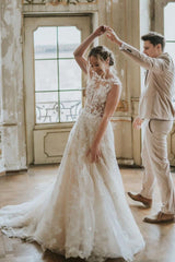 Boho Long A-line Tulle Wedding Dress with Lace Appliques-showprettydress