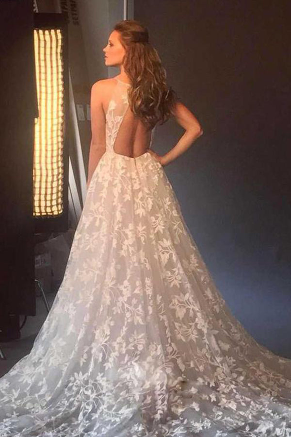 Boho Long A-line V-neck Spaghetti Strap Tulle Backless Wedding Dress with Pockets-showprettydress
