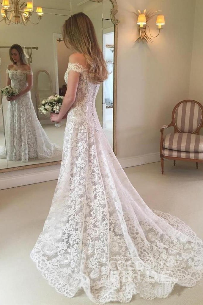 Boho Long Mermaid Off the Shoulder Lace Wedding Dress-showprettydress