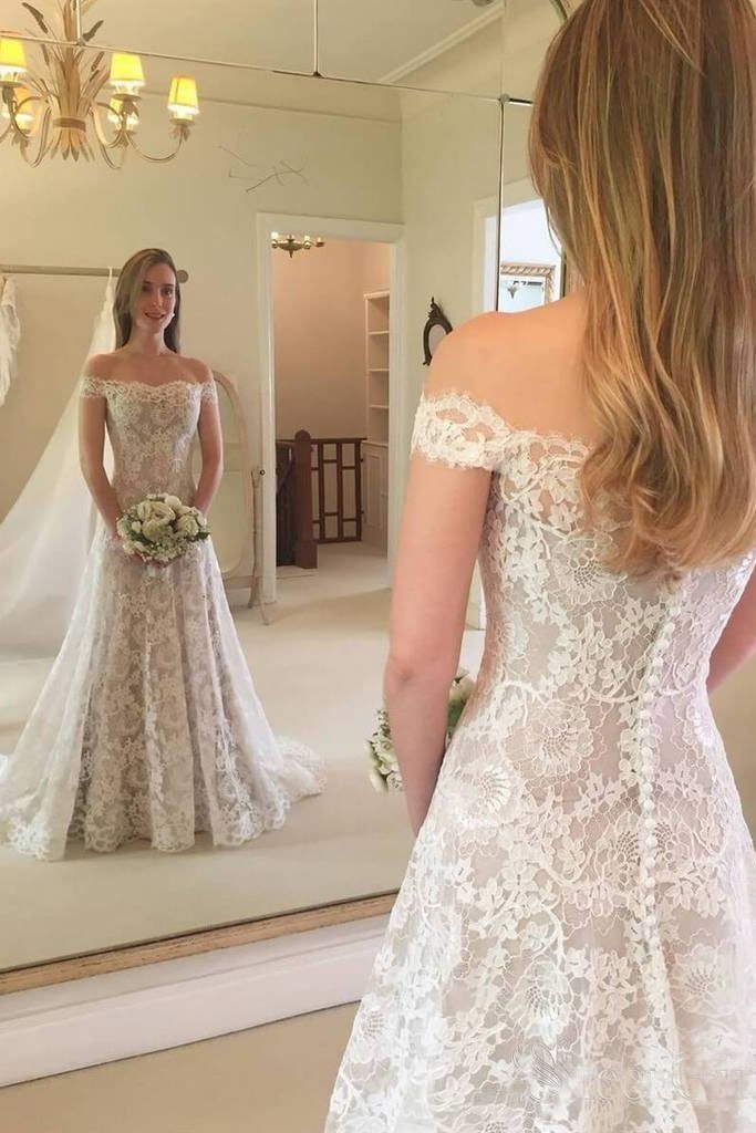 Boho Long Mermaid Off the Shoulder Lace Wedding Dress-showprettydress