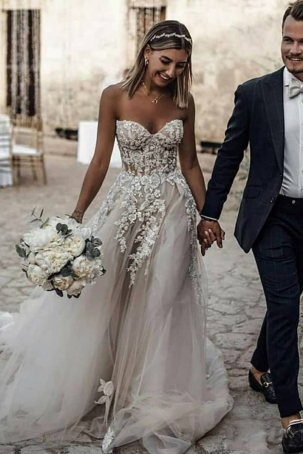 Boho Long Sweetheart Tulle Appliques Lace Wedding Dress-showprettydress