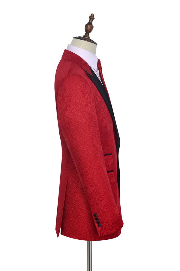 Bright Red Jacquard Peak Lapel with Black Silk Classy Mens Suits-showprettydress