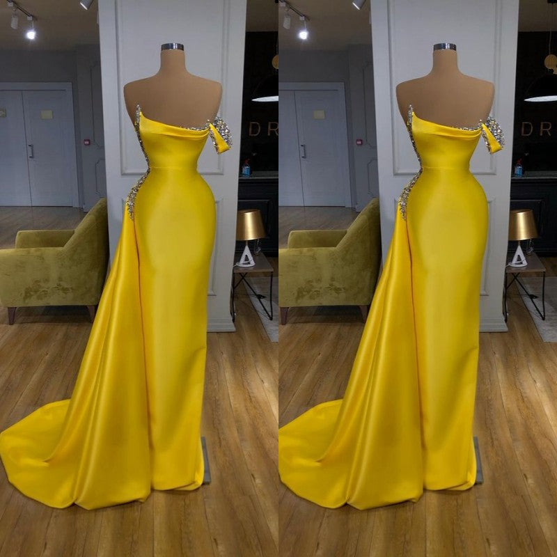Bright Yellow Long Mermaid One shoulder Mentallic Sequins Overskirt Prom Dress-showprettydress