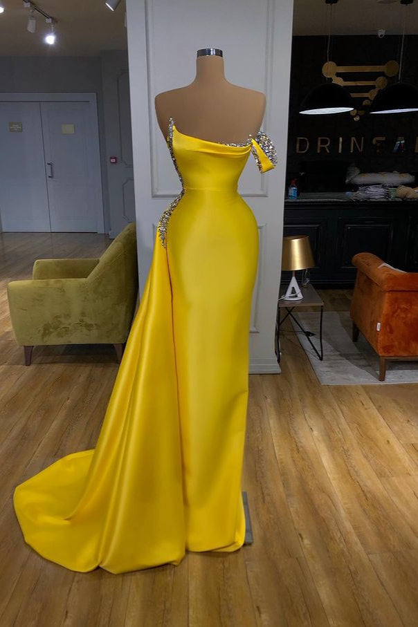 Bright Yellow Long Mermaid One shoulder Mentallic Sequins Overskirt Prom Dress-showprettydress