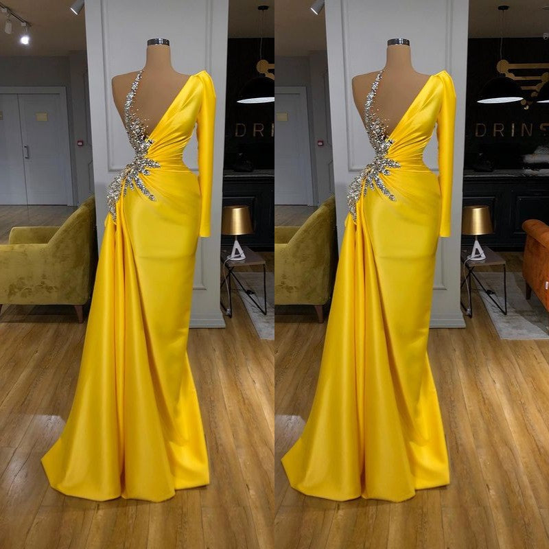 Bright Yellow Long Mermaid One shoulder Prom Dress with Sleeves-showprettydress