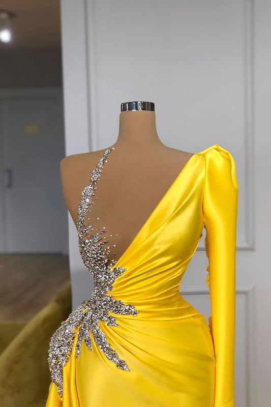 Bright Yellow Long Mermaid One shoulder Prom Dress with Sleeves-showprettydress