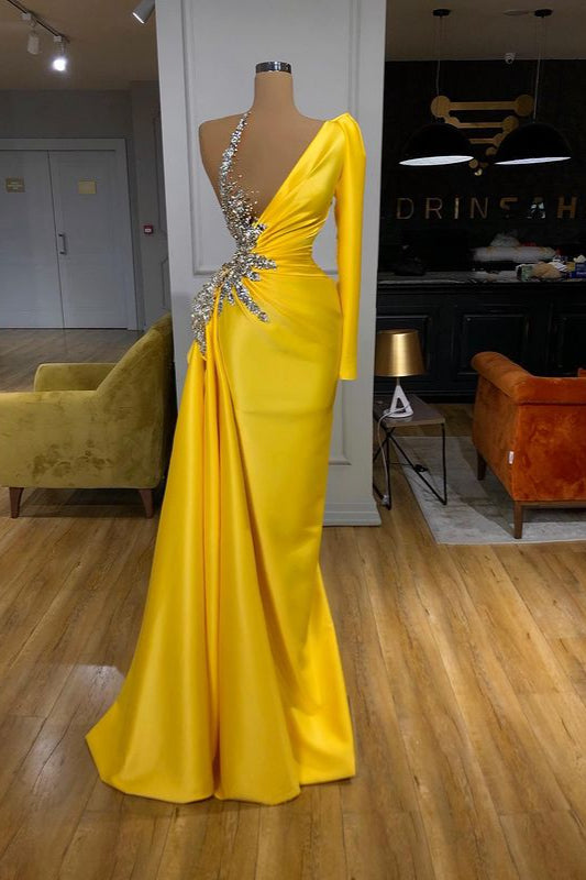 Bright Yellow Long Mermaid One shoulder Prom Dress with Sleeves-showprettydress