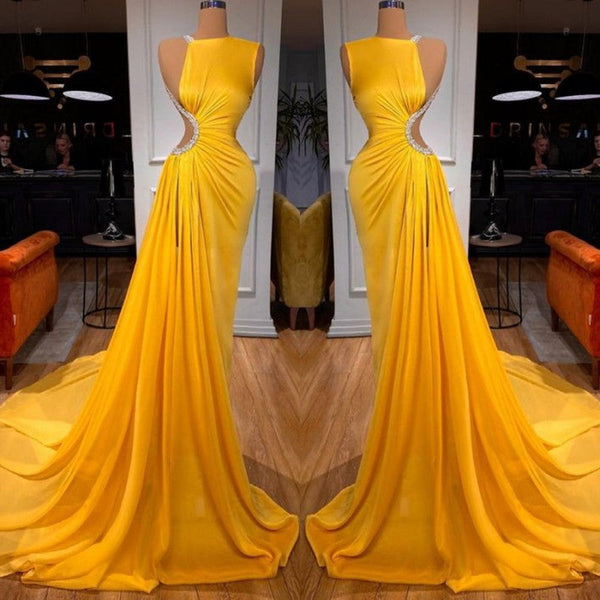 Bright Yellow Long Mermaid Prom Dress With Slit-showprettydress