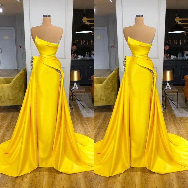 Bright Yellow Long Mermaid Strapless Metallic Sequin Overskirt Prom Dress-showprettydress