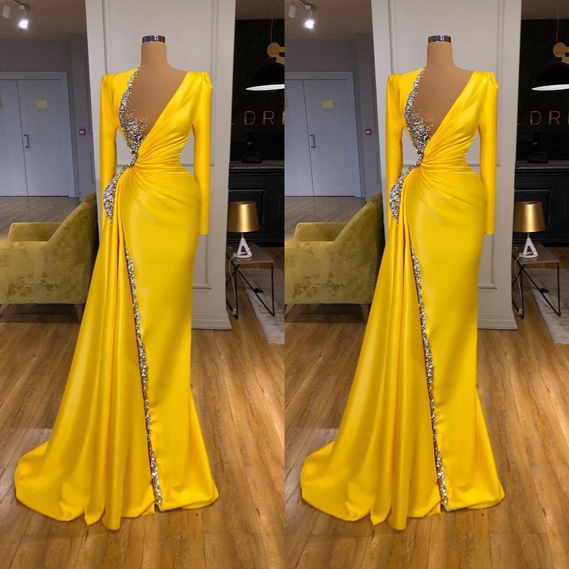 Bright Yellow Long Sleeves Mermaid V-neck Metallic Sequin Prom Dress ...