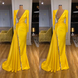 Bright Yellow Long Sleeves Mermaid V-neck Metallic Sequin Prom Dress-showprettydress