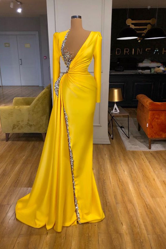 Bright Yellow Long Sleeves Mermaid V-neck Metallic Sequin Prom Dress-showprettydress
