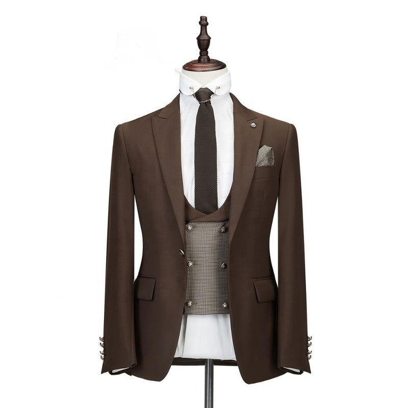 Brown Three Pieces Peaked Lapel Slim Fit Wedding Groom Suits-showprettydress