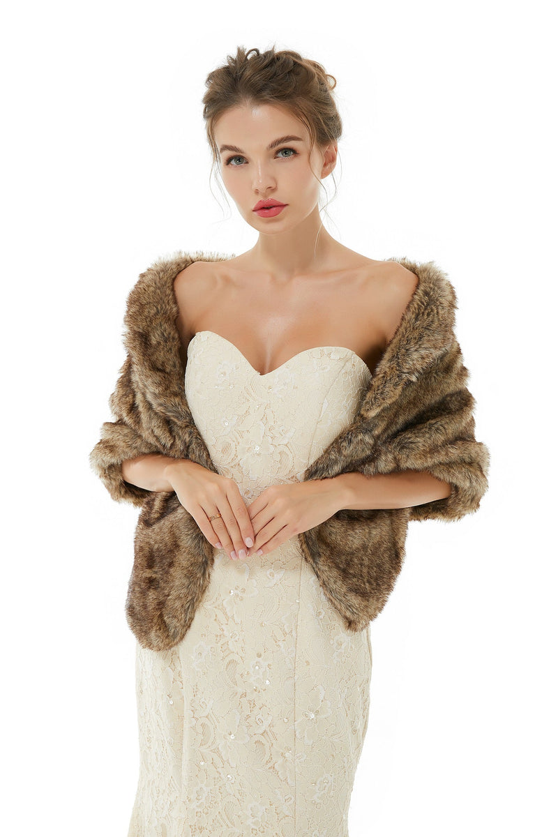 Brown Wedding Shrug Faux Fur Stole Fluffy Bridal Wrap Shawl-showprettydress