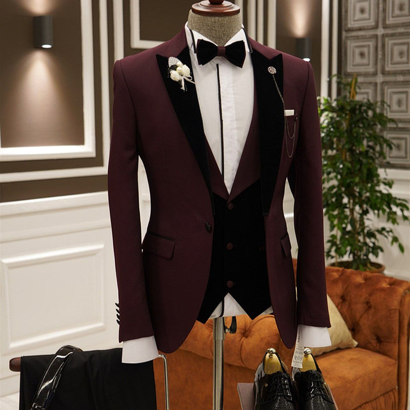 Burgundy 3-pieces Peaked Lapel Slim Fit Men's Prom Suits-showprettydress