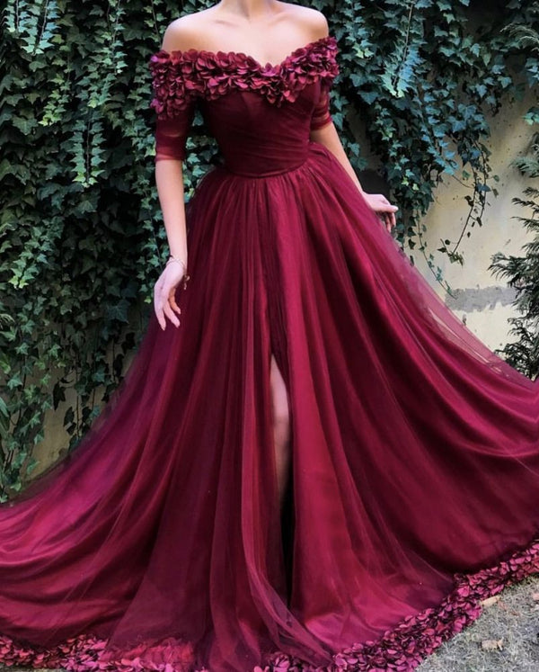 Burgundy A-line Off-the-Shoulder Tulle Flower Applique Prom Dresses-showprettydress