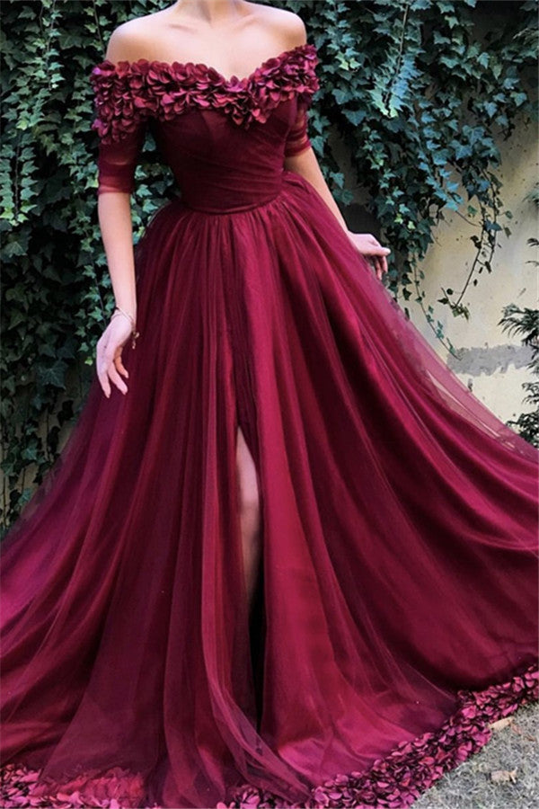 Burgundy A-line Off-the-Shoulder Tulle Flower Applique Prom Dresses-showprettydress