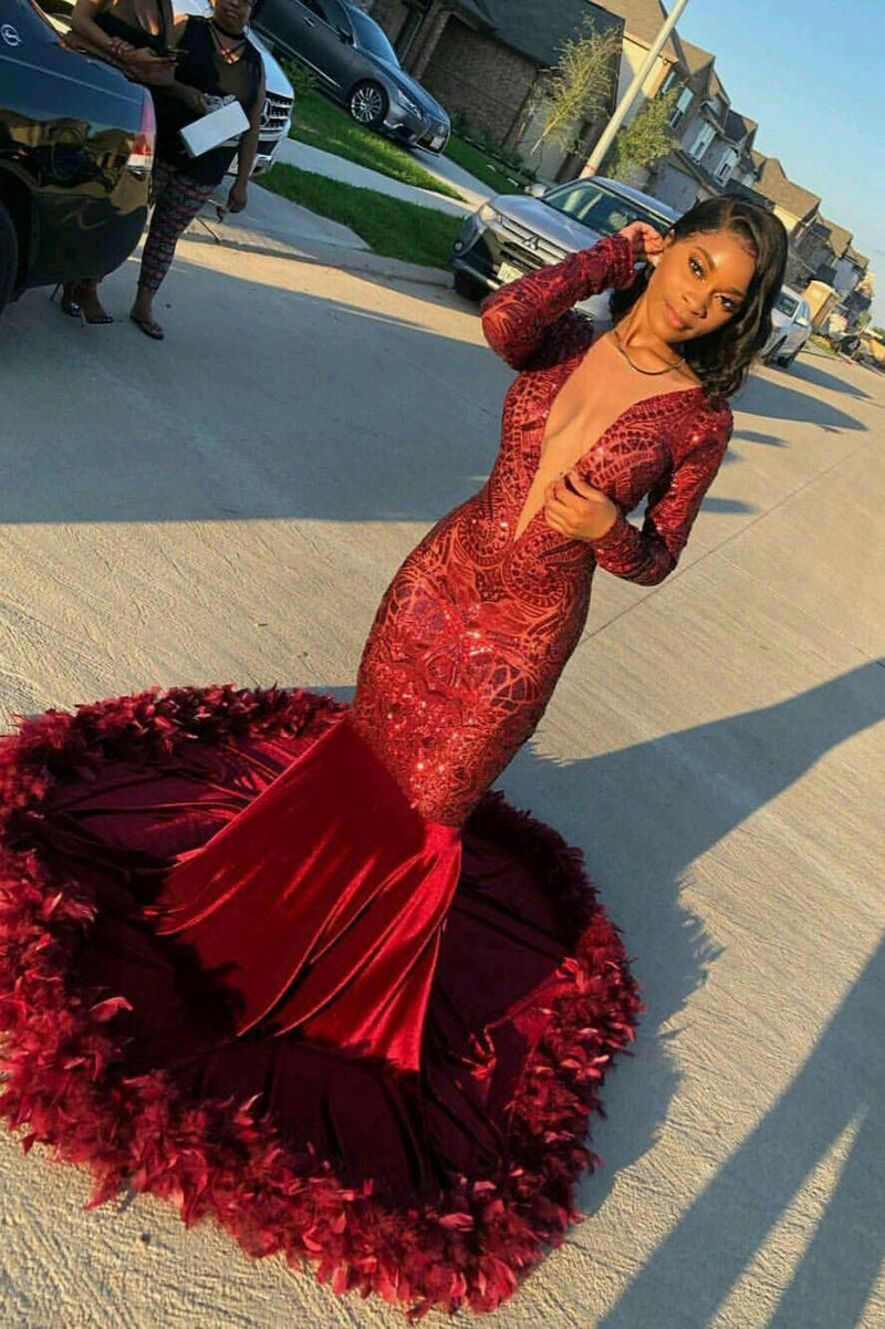 Burgundy Deep V-Neck Long Sleeve Mermaid Prom Dress With Sequins-showprettydress