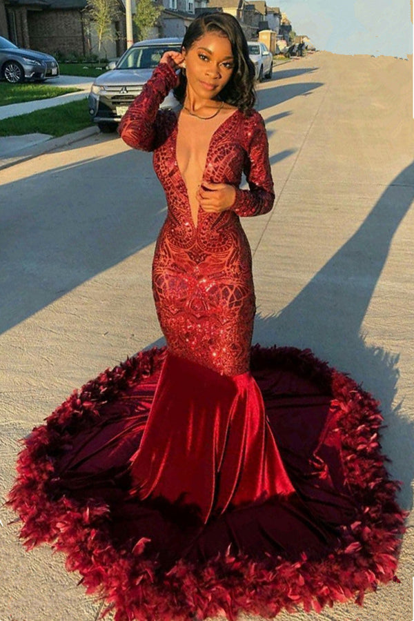 Burgundy Deep V-Neck Long Sleeve Mermaid Prom Dress With Sequins-showprettydress