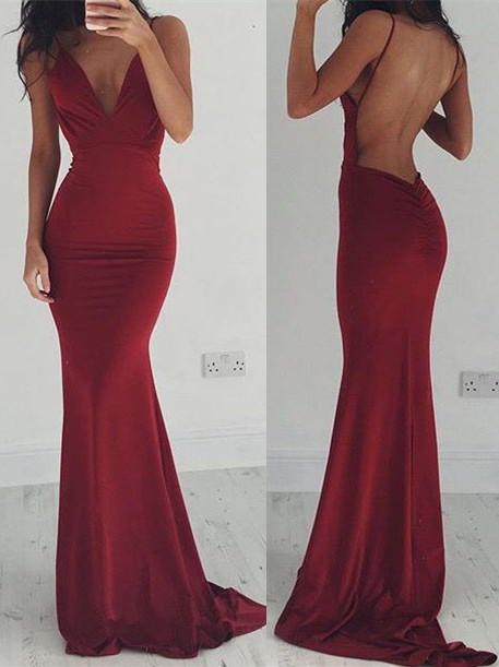 Burgundy Evening Gowns Stretchy Spaghettis-Straps Backless Column Prom Dresses-Showprettydress