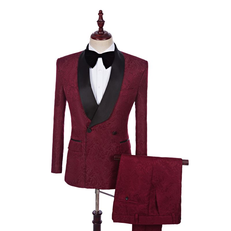 Burgundy Jacquard Double Breasted Best Fitted Wedding Suits Online-showprettydress